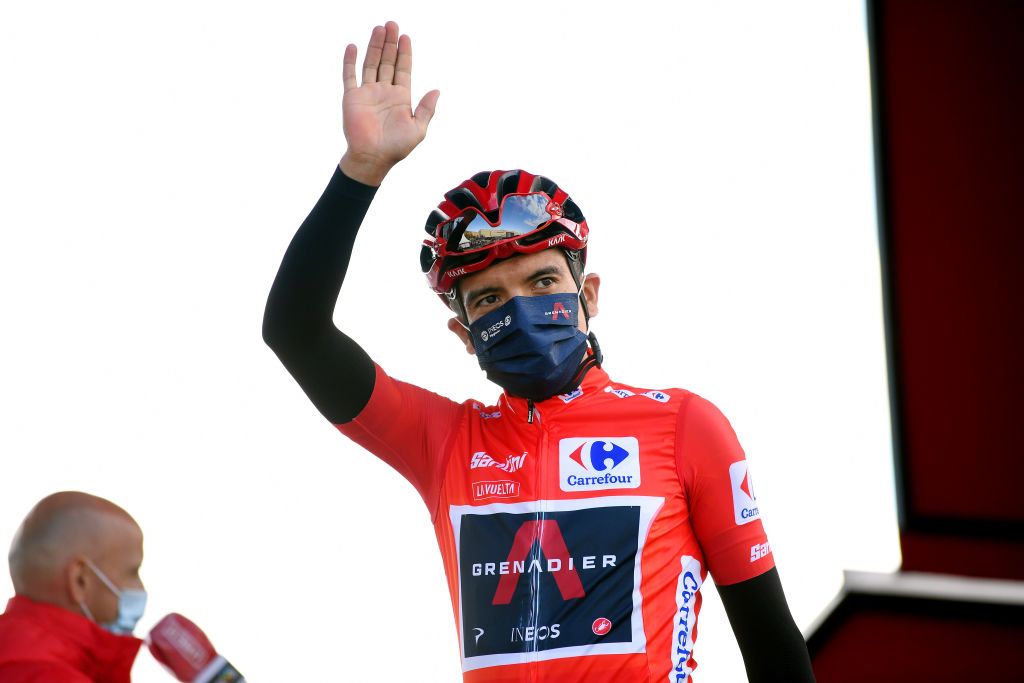 ALTODEMONCALVILLO SPAIN OCTOBER 28 Start Richard Carapaz of Ecuador and Team INEOS Grenadiers Red Leader Jersey Mask Covid safety measures Team Presentation during the 75th Tour of Spain 2020 Stage 8 a 164km stage from Logroo to Alto de Moncalvillo 1490m lavuelta LaVuelta20 on October 28 2020 in Alto de Moncalvillo Spain Photo by David RamosGetty Images