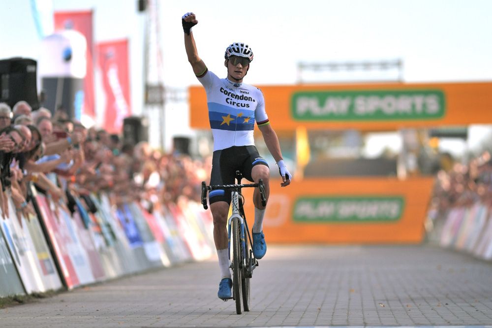 Mathieu van der Poel (Corendon-Circus) celebrates another victory in the Superprestige