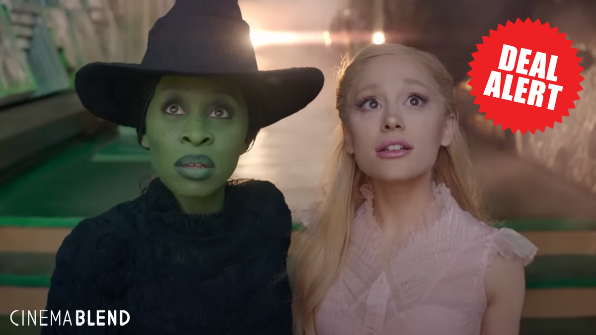 Cynthia Erivoo and Ariana Grande as Elphaba and Glinda with deals overlay