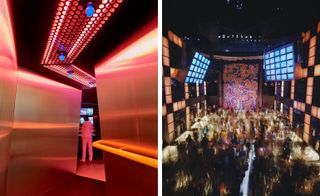 The entrance to the Night Fever exhibition. Photography Mark Neidermann (left); and The Palladium in New York, 1985 by architect Arata Isozaki with a mural by the late pop artist Keith Haring