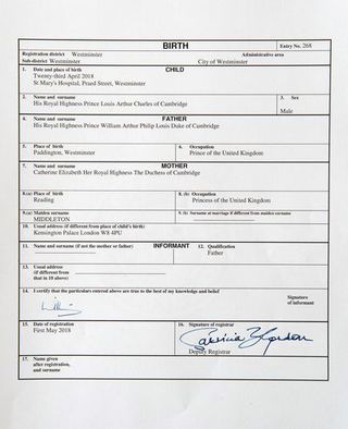 Prince Louis' birth certificate