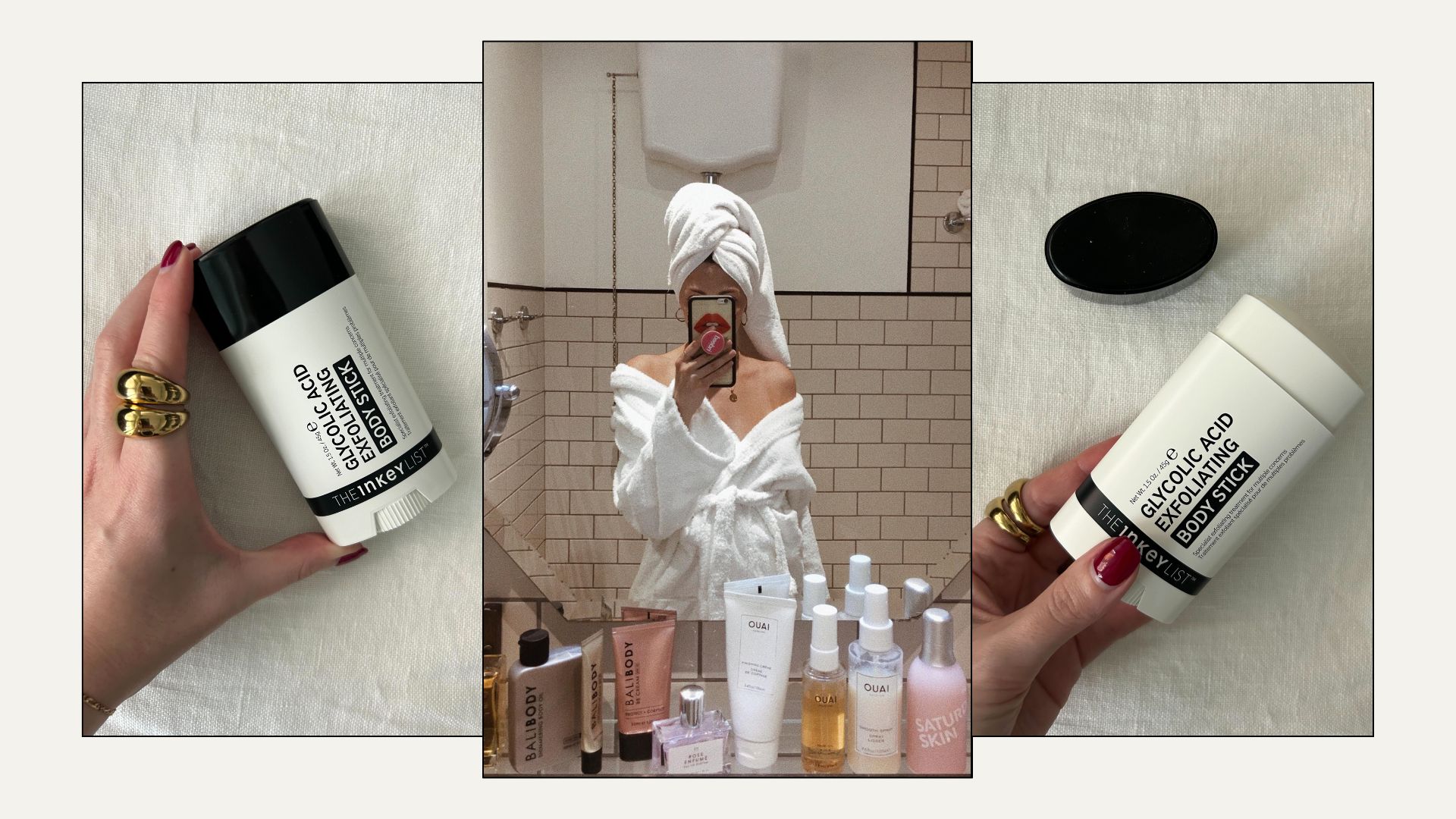 A woman in a white bathrobe taking a mirror selfie and two pictures of The INKEY List Glycolic Acid Exfoliating Body Stick