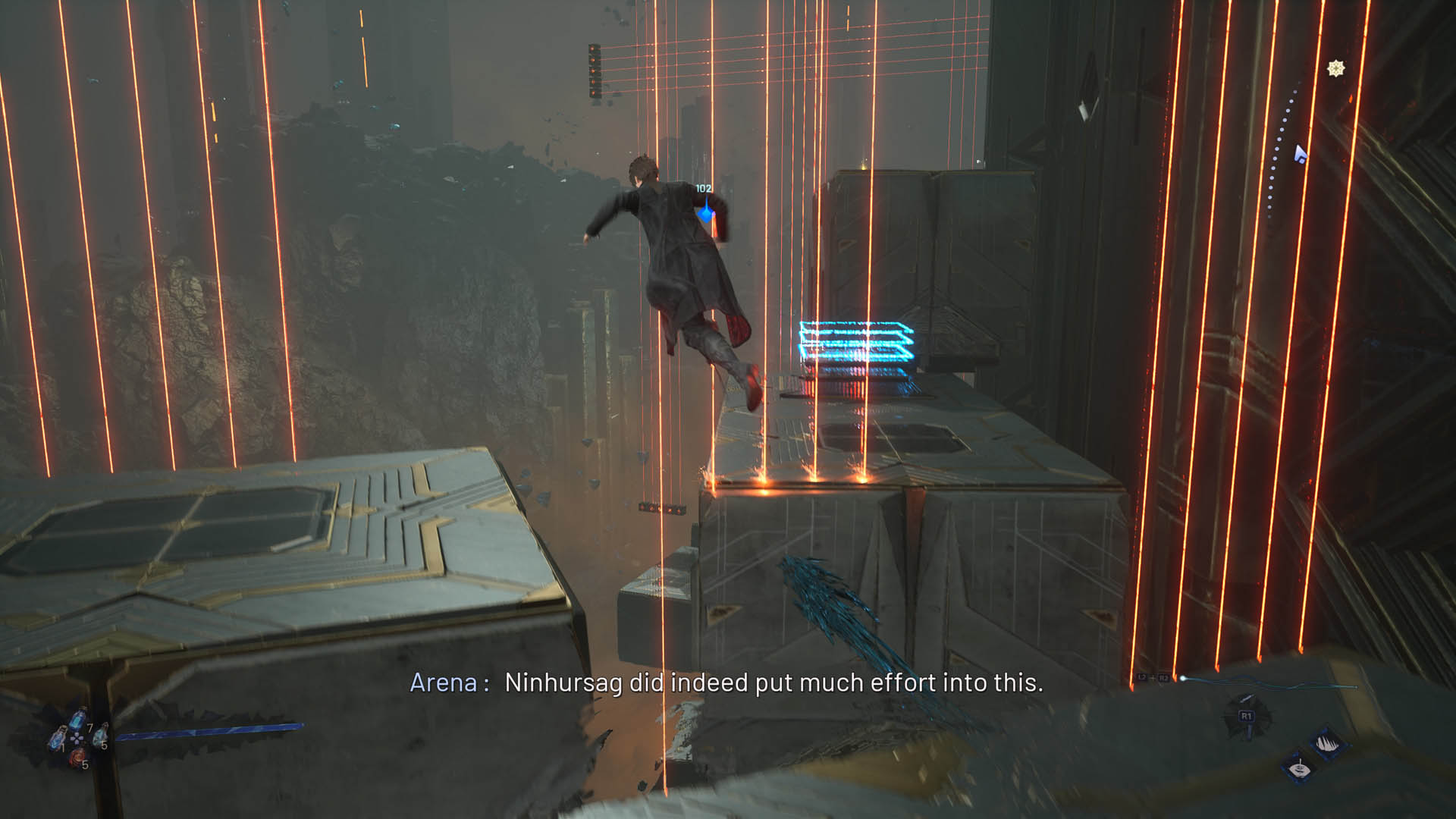 Kaser jumps between platforms in Lost Soul Aside, avoiding lasers within an Alternate Dimension