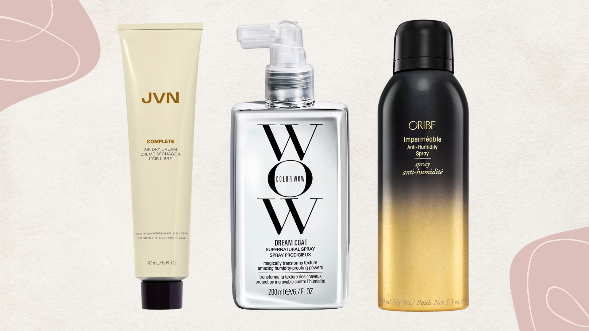 Lineup of three of the best hair products for humidity (L-R) from JVN, Color Wow and Oribe, on a beige background with mauve details and cream swirls