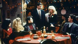 The Friends gang have dinner with Chandler's mum who Ross kisses