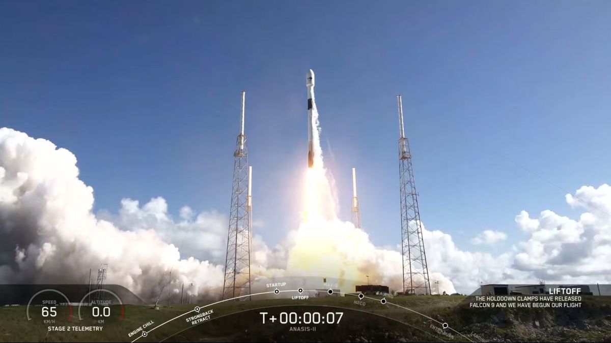 A SpaceX Falcon 9 rocket launches the South Korean military communications satellite Anasis-II from Space Launch Complex 40 at Cape Canaveral Air Force Station in Florida on July 20, 2020.