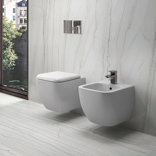 A modern toilet and wall mounted bidet suite