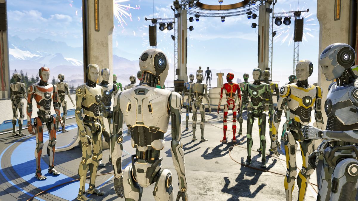 Some robots having a team meeting in The Talos Principle 2