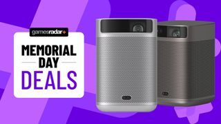XGIMI MoGo 2 outdoor projectors on a purple background with memorial day deals badge