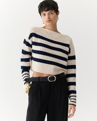 Cashmere Cropped Boatneck Sweater in Stripe