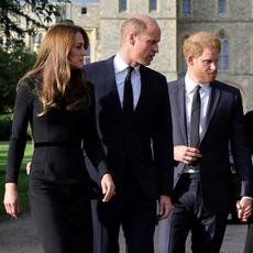 Catherine, Princess of Wales, Prince William, Prince of Wales, Prince Harry, Duke of Sussex, and Meghan, Duchess of Sussex on the long Walk at Windsor Castle arrive to view flowers and tributes to HM Queen Elizabeth on September 10, 2022 in Windsor, England.