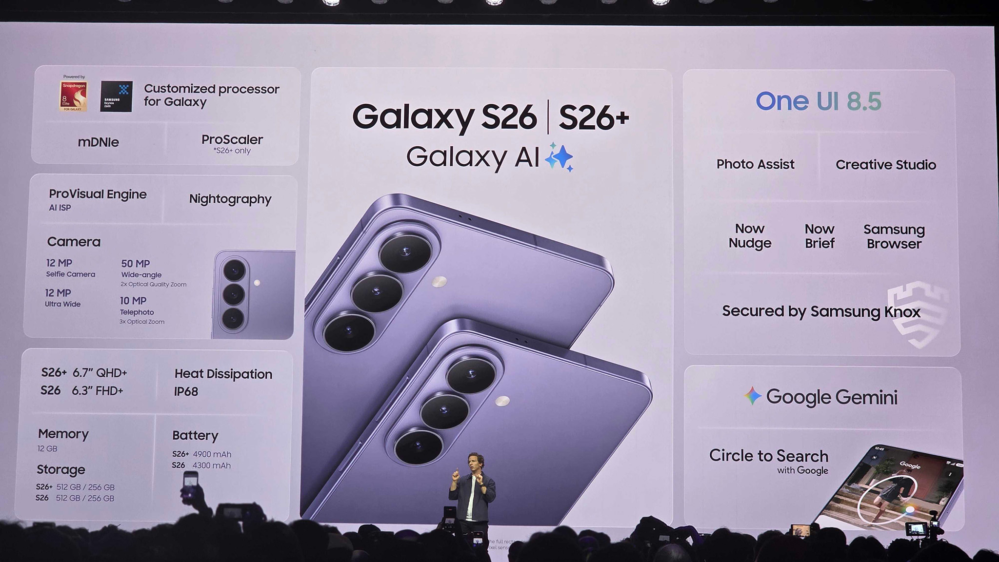 Galaxy S26 and S26 Plus specs and prices on stage at Galaxy Unpacked February 2026