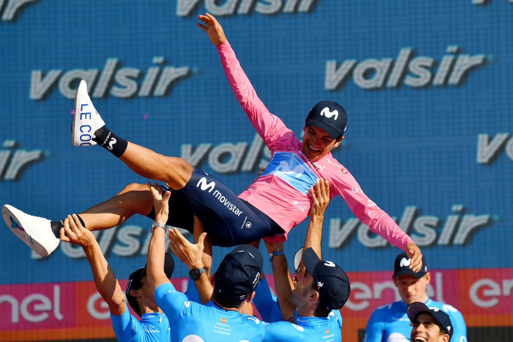 Movistar hoist Richard Carapaz in the air after his Giro win