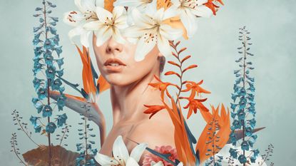 Abstract contemporary art collage portrait of young woman with flowers on face hides her eyes.