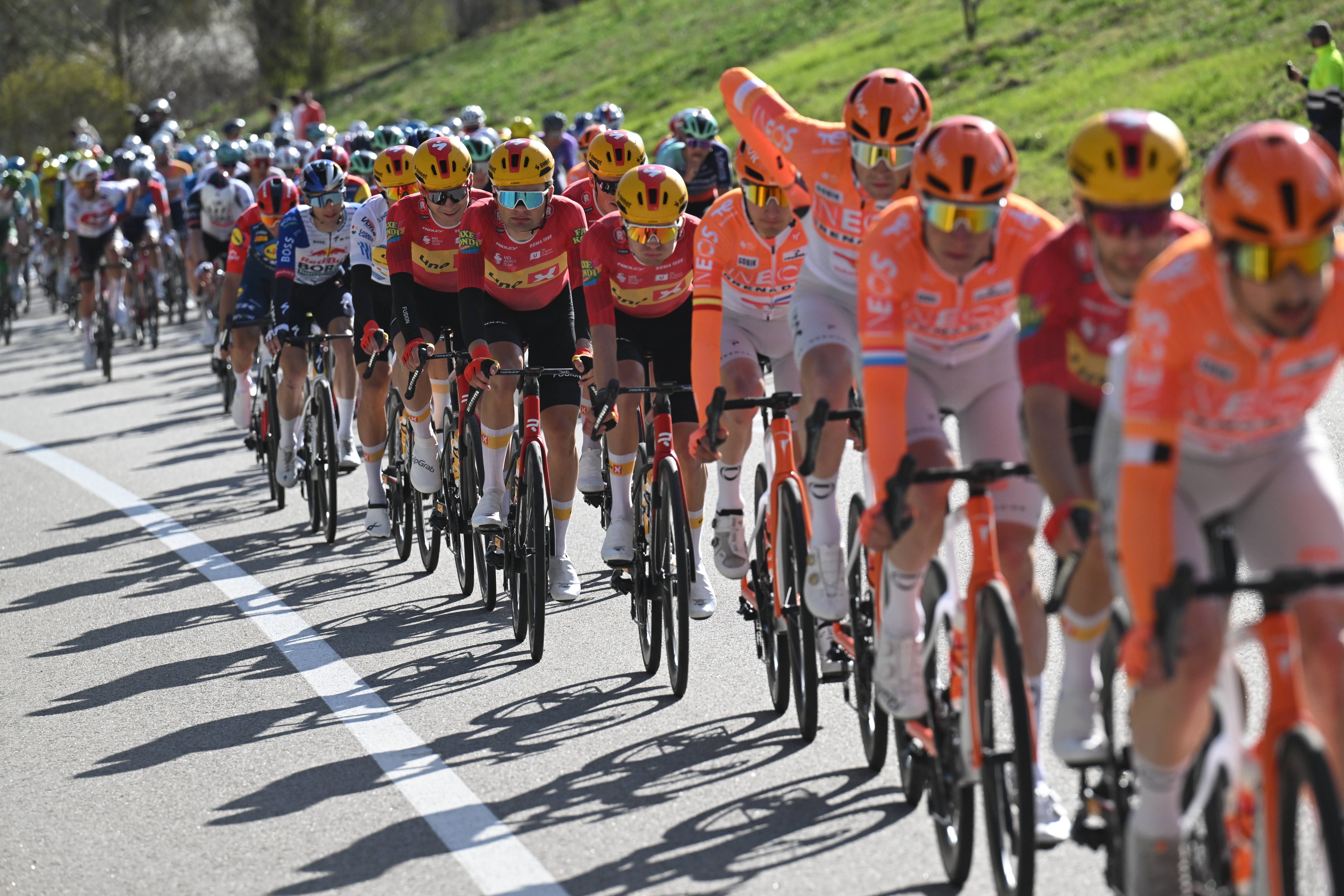 CAMPRODRON, SPAIN - MARCH 26: Anthon Charmig of Denmark and Team Uno-X Mobility competes during the 105th Volta a Catalunya 2026, Stage 4 a 151km stage from Mataro to Camprodon 957m / #UCIWT / on March 26, 2026 in Camprodon, Spain. (Photo by Szymon Gruchalski/Getty Images)