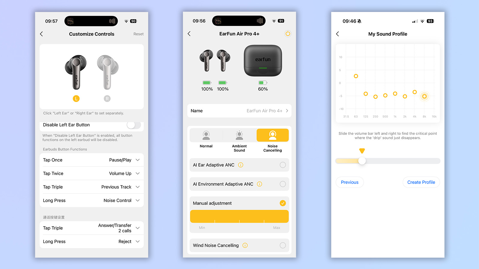 three screenshots from the earfun audio app showing the homepage, touch control customization, and personalized EQ modes