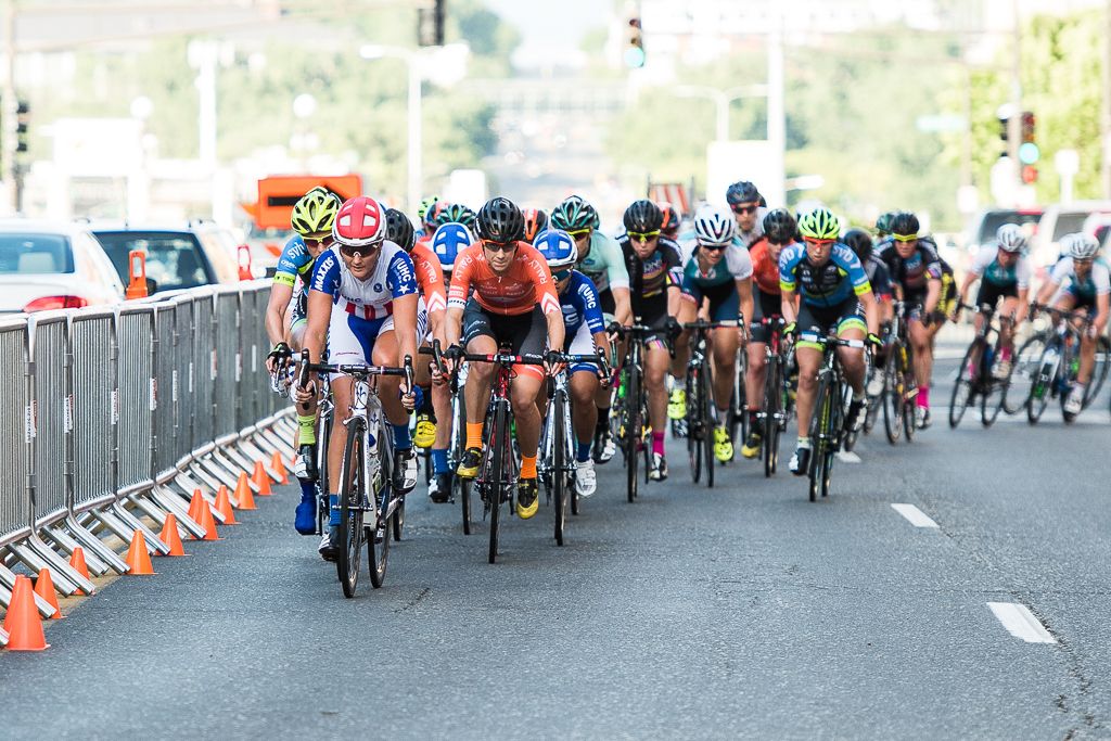 Lauren Tamayo (United Healthcare) leads the women's fields after the race restarted due to a neutralization from a crash.