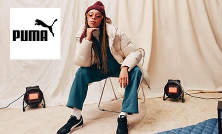 Puma logo top left with an image of a girl in a beanie posing in beige setting