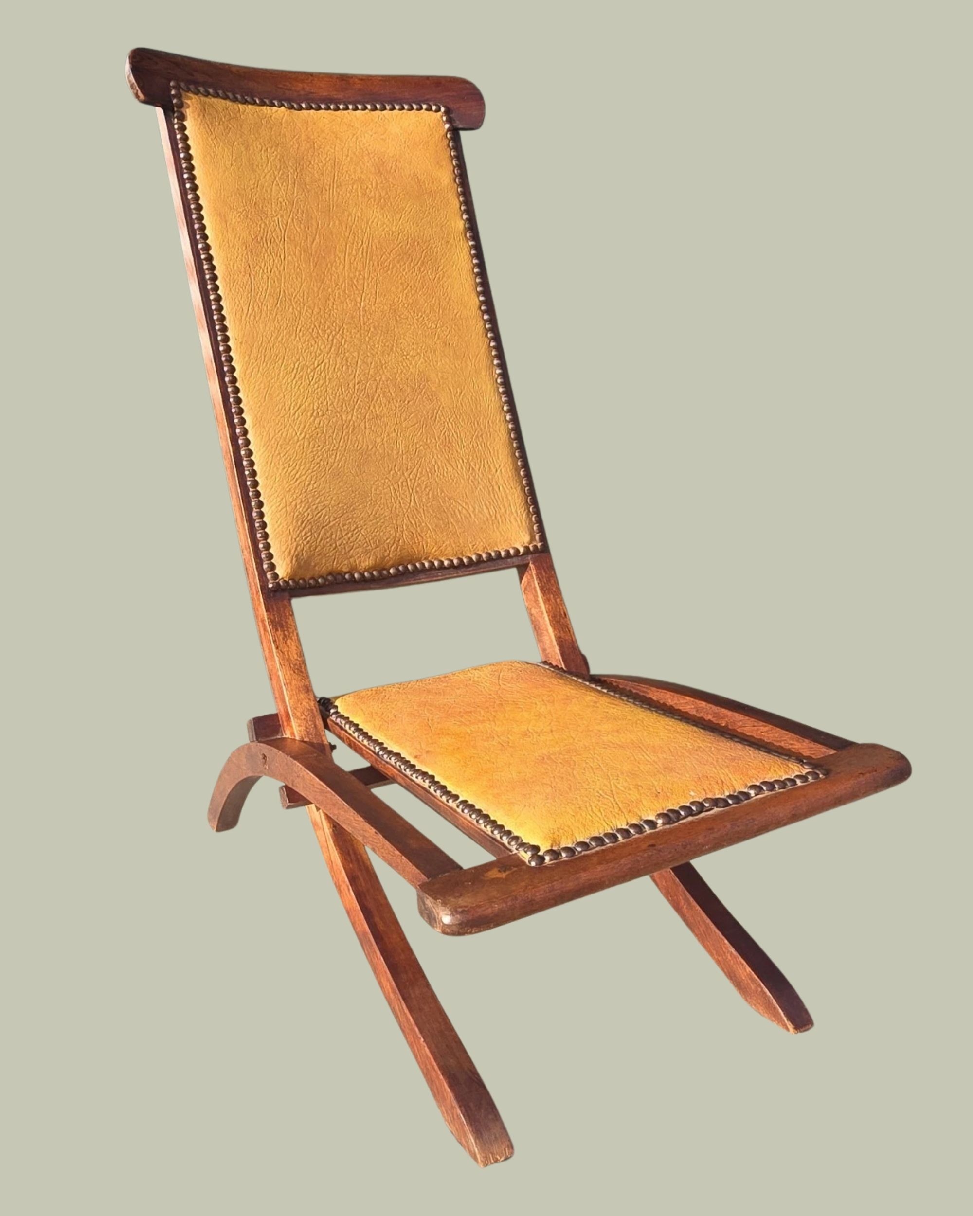 Treasure Cache X, Antique Campaign Steamer Foldable Deck Chair Leather