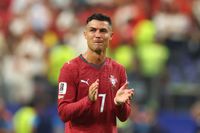 ARLINGTON, TEXAS - JULY 6: Cristiano Ronaldo of Portugal reacts at the end of the FIFA World Cup 2026 Round of 16 match between Portugal and Spain at Dallas Stadium on July 6, 2026 in Arlington, United States. (Photo by Chris Brunskill/Fantasista/Getty Images)