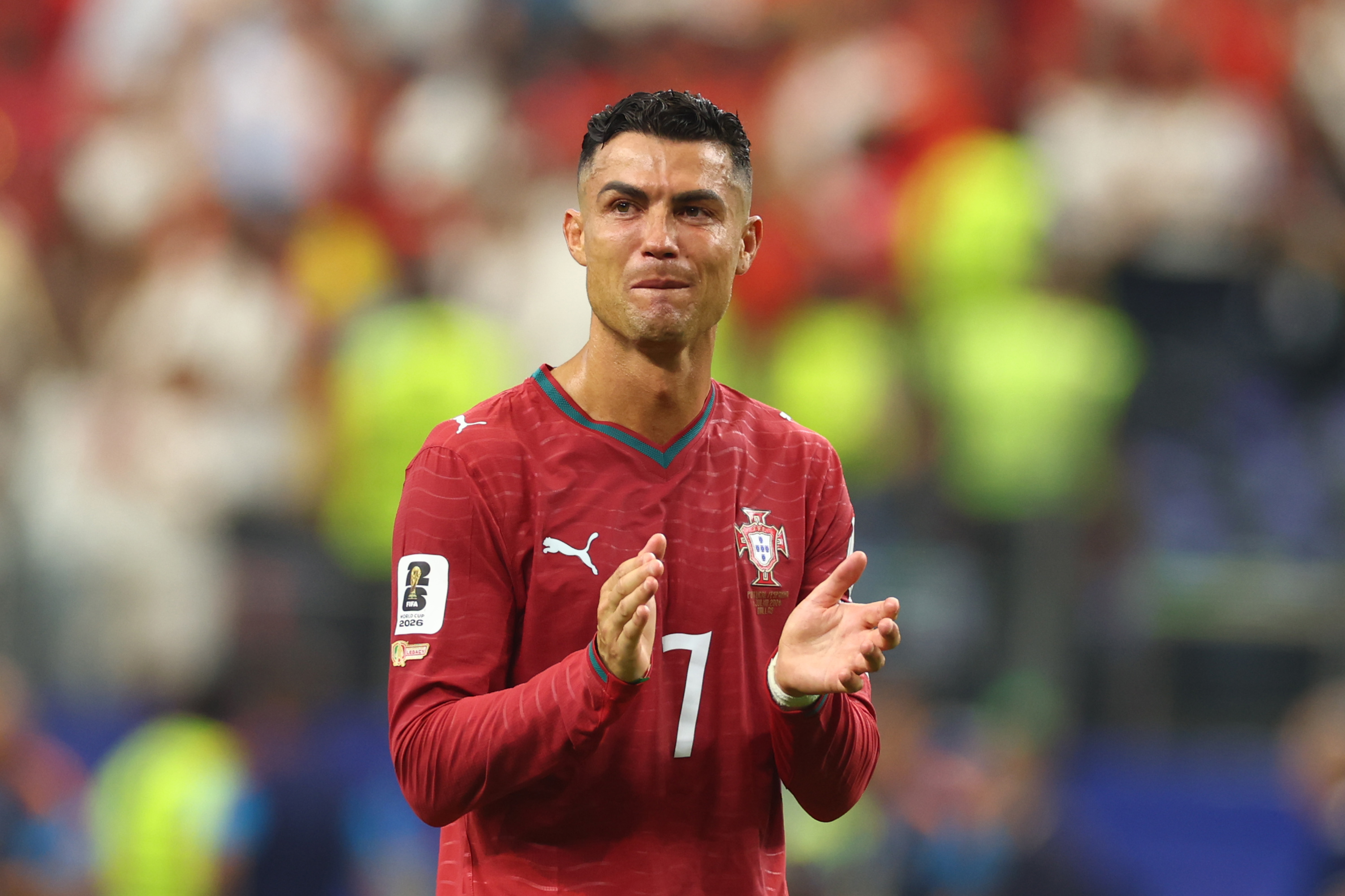ARLINGTON, TEXAS - JULY 6: Cristiano Ronaldo of Portugal reacts at the end of the FIFA World Cup 2026 Round of 16 match between Portugal and Spain at Dallas Stadium on July 6, 2026 in Arlington, United States. (Photo by Chris Brunskill/Fantasista/Getty Images)