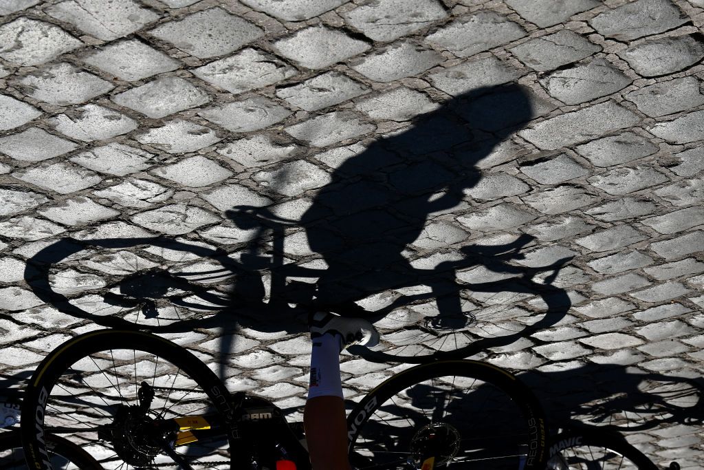 ROUBAIX FRANCE APRIL 16 Rider shadow detail view prior to the 2nd ParisRoubaix 2022 Womens Elite a 1247km one day race from Denain to Roubaix ParisRoubaixFemmes ParisRoubaix on April 16 2022 in Roubaix France Photo by Tim de WaeleGetty Images