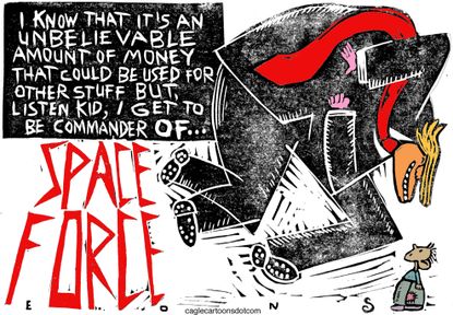 Political cartoon U.S. Trump Space Force commander money economy science