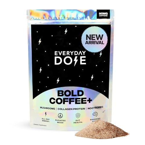 Everyday Dose Bold Medium Roast Mushroom Coffee 90mg Caffeine Per Serving With Grass-Fed Collagen, Chaga, Lions Mane & L-Theanine for Better Focus, Energy, Digestion, Skin, and Immunity 30 Servings