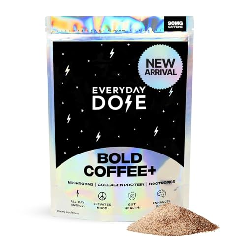 Everyday Dose Bold Medium Roast Mushroom Coffee 90mg Caffeine Per Serving With Grass-Fed Collagen, Chaga, Lions Mane & L-Theanine for Better Focus, Energy, Digestion, Skin, and Immunity 30 Servings