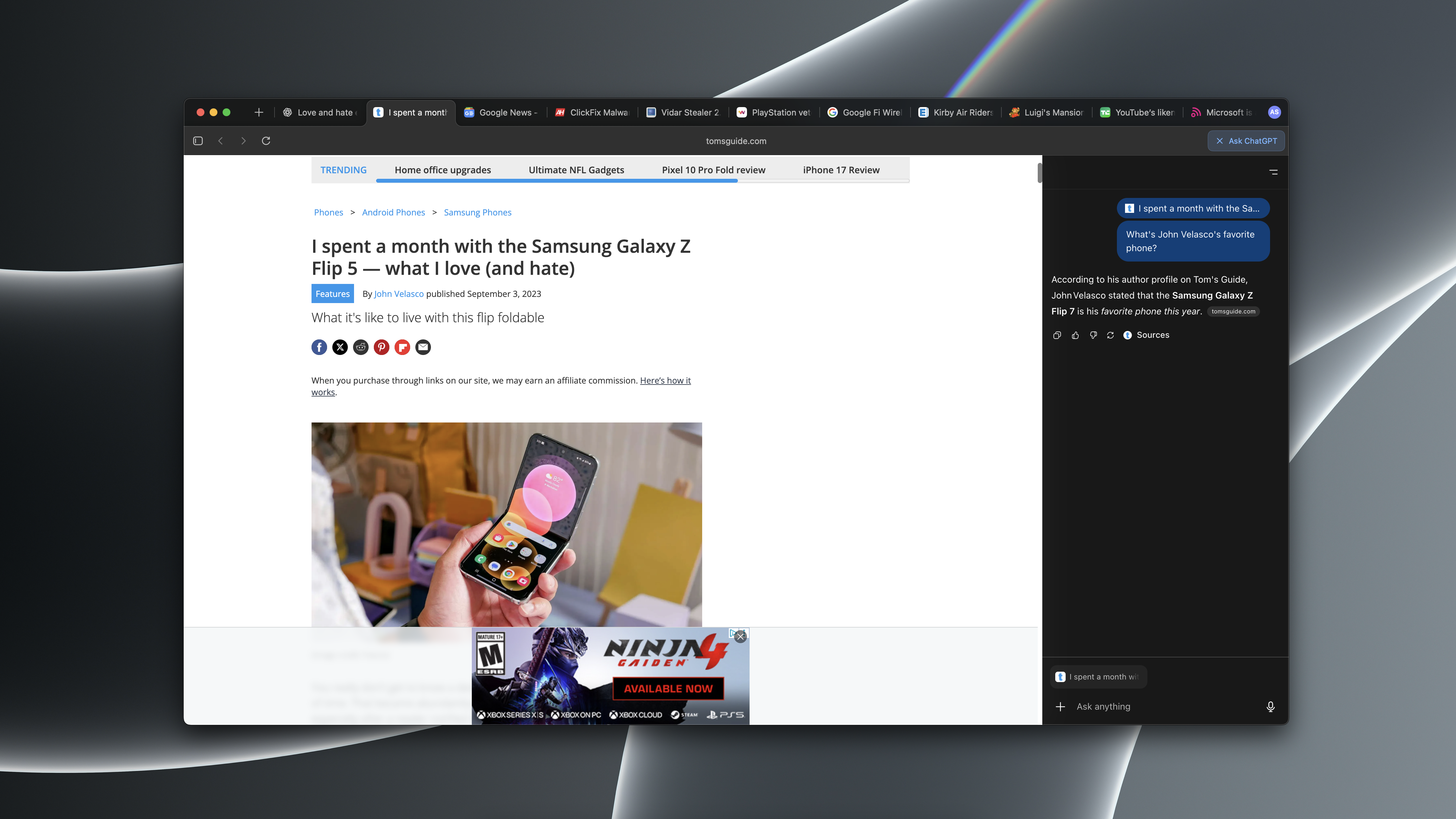 A screenshot showing ChatGPT in the sidebar of OpenAI's Atlas browser
