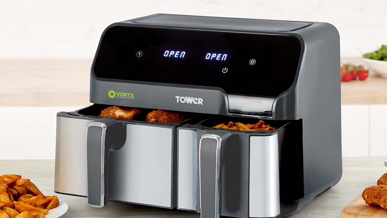 Tower Vortx 9 Litre Duo Capacity Basket Air Fryer with Smart Finish on countertop