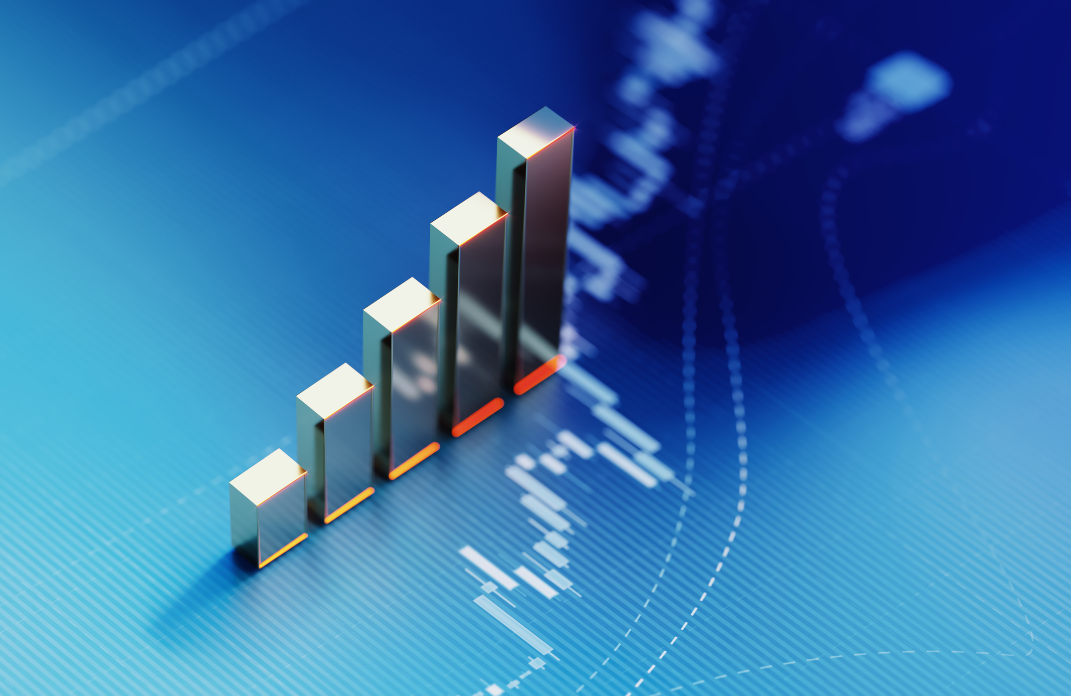 bar graph symbol on blue financial graph