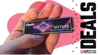A Biwin SSD held in a hand over the PC Gamer deals background.
