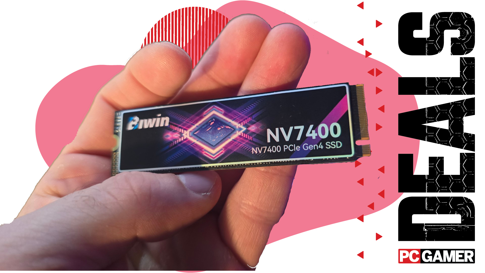 A Biwin SSD held in a hand over the PC Gamer deals background.