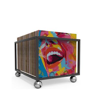 The Showxeeyee vinyl storage unit with 100 albums. It has four wheels and open sides.