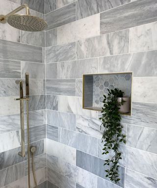 new gray and gold shower with storage and gray tiles, and a plant