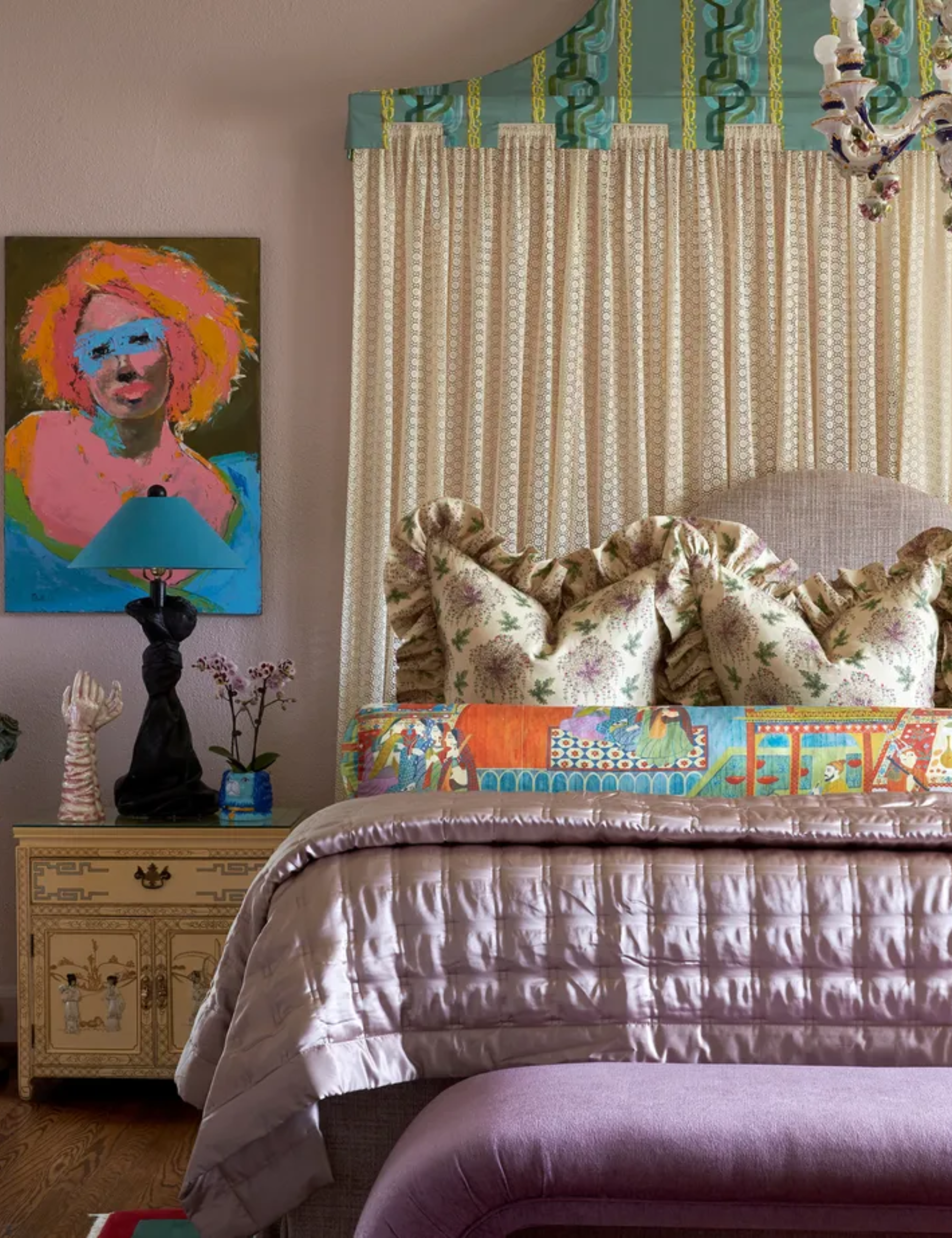 Pale purple maximalist bedroom with large headboard