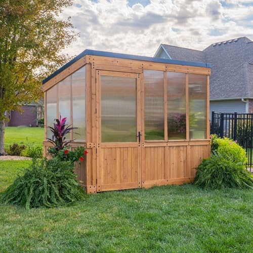 Backyard Discovery Willow 9' X 6' Cedar Wood and Polycarbonate Walk-In Greenhouse Kit With Exhaust Fan, Windows, Hose Hook-Ups, Powerport, Staging Shelves for Year-Round Outdoor Gardening