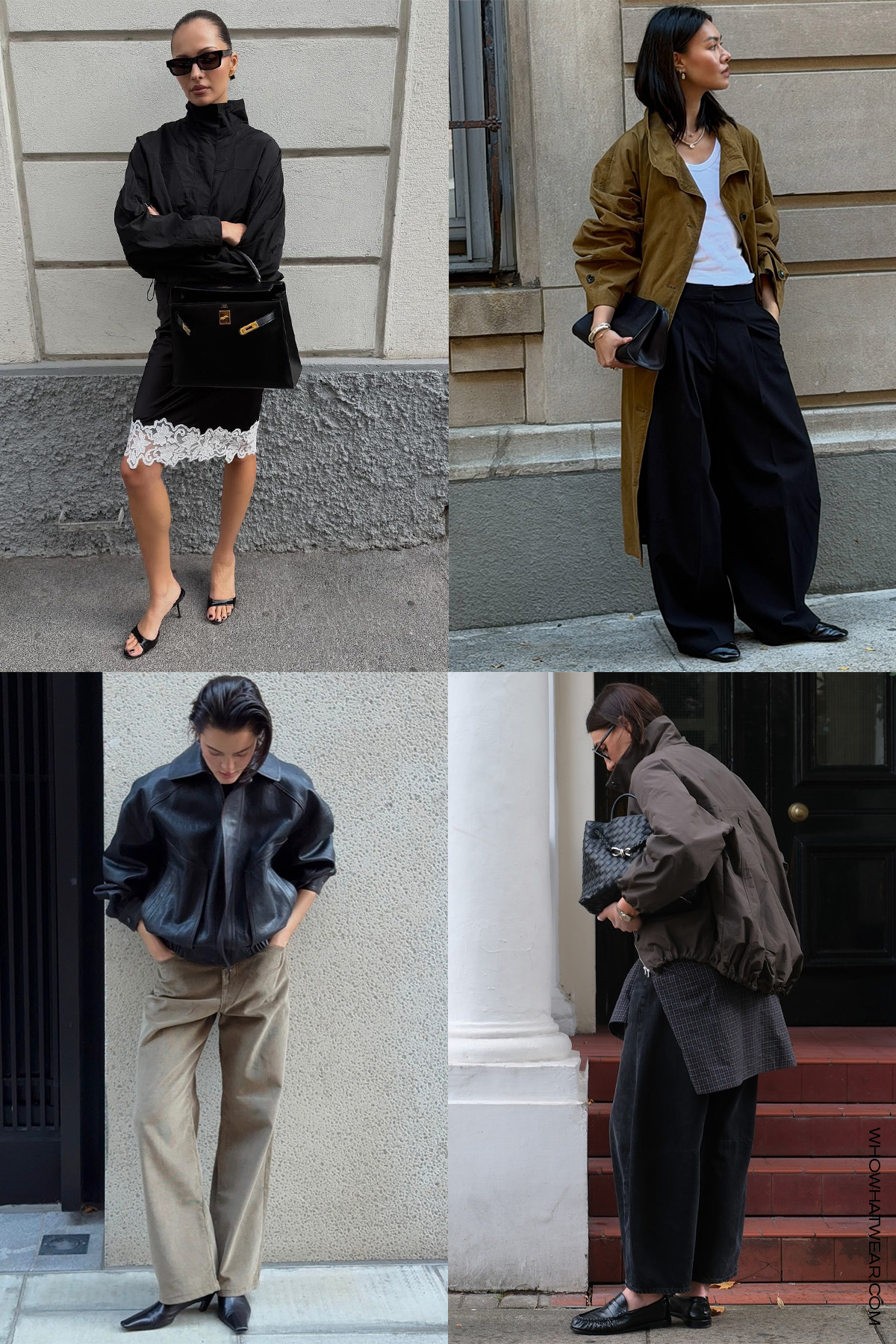 shoe color trends for fall 2025, specifically glossed black, in a collage of women&#039;s outfits. On the top left, a woman is wearing a black windbreaker jacket with a black slip skirt and patent black heeled mules. On the top right, a woman is wearing an olive green trench coat with a white t-shirt, black barrel jeans, and black loafers. On the bottom left, a woman is wearing a brown windbreaker with a gray sweater, black jeans, and black shiny loafers. On the bottom left, a woman is wearing a black leather bomber jacket with tan pants and black pointed ankle boots.