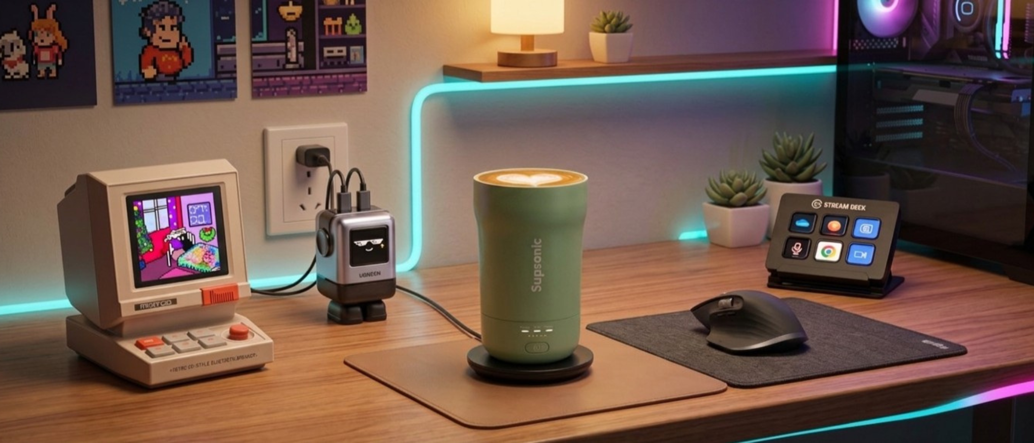 A selection of cool and quirky desk accessories in a home office setting
