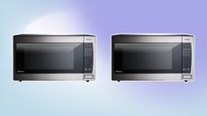 Two microwaves on pastel blue and purple background
