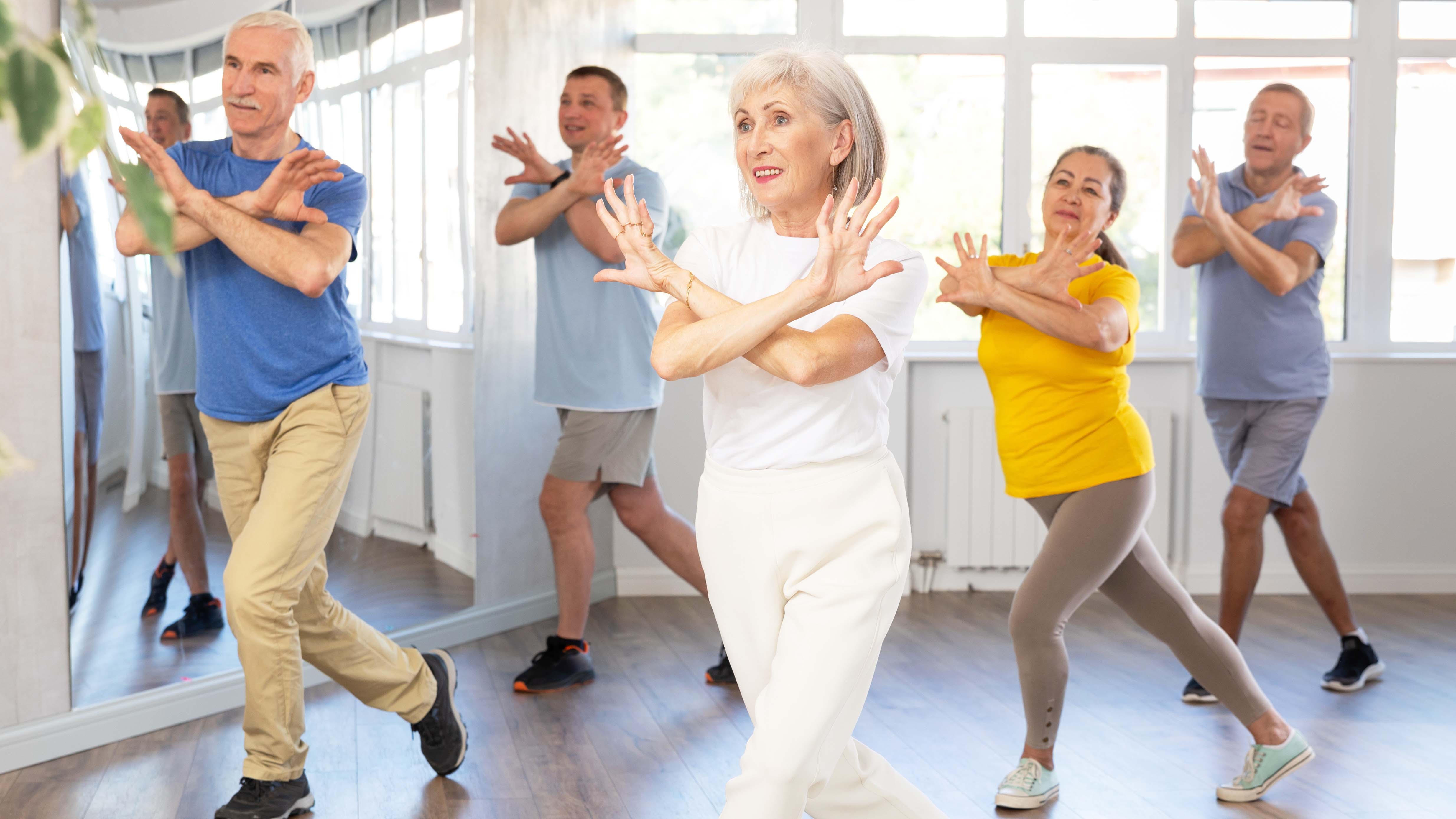 a photo of a group of seniors doing tai chi