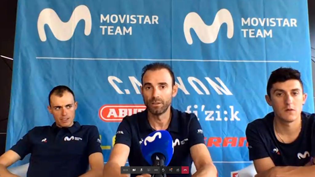 IRUN SPAIN OCTOBER 19 Enric Mas Nicolau of Spain and Movistar Team Alejandro Valverde Belmonte of Spain and Movistar Team Marc Soler Gimenez of Spain and Movistar Team Screenshot during the 75th Tour of Spain 2020 Press Conferences Top Riders Video Press Conferences Los Gallos lavuelta LaVuelta20 on October 19 2020 in Irun Spain Photo by Movistar Team PoolGetty Images