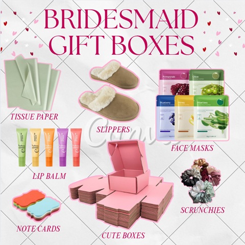 A graphic titled 'Bridesmaid gift boxes', along with images and text of various things to put into them, like slippers and lip balm.