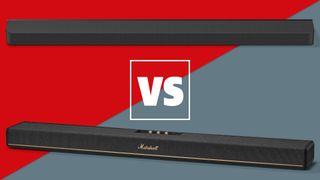 The Marshall Heston 120 and Sony Bravia Theatre Bar 9 soundbars on a red and grey background with a white versus sign between them.