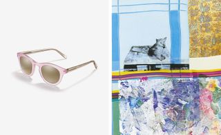Left: a pair of sunglasses with pink frames. Right: abstract artwork with bright colours and a corgi