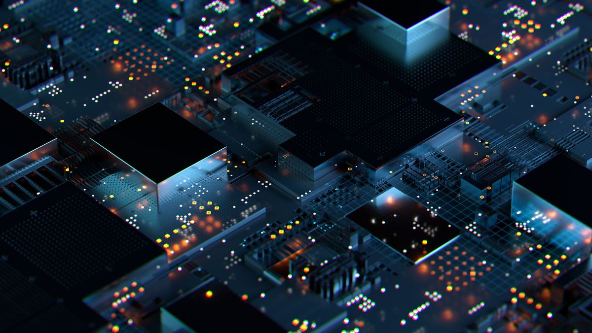 A CGI render of a circuitboard resembling a cityscape to represent infrastructure as code (IaC).