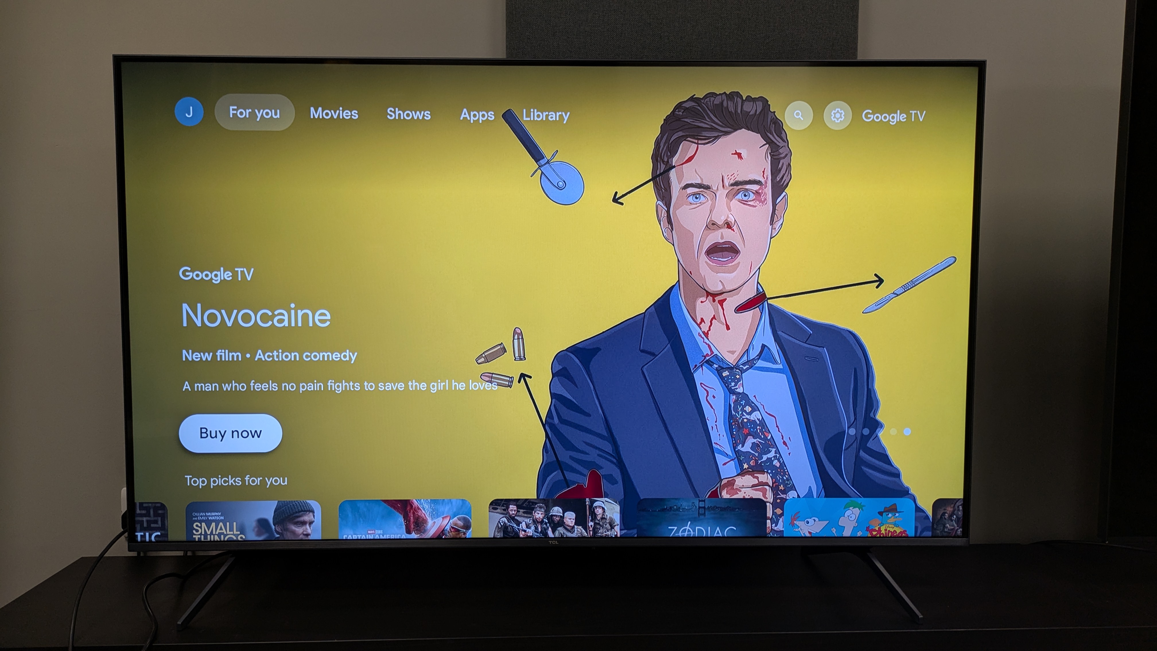 TCL C6K with google TV home menu on screen