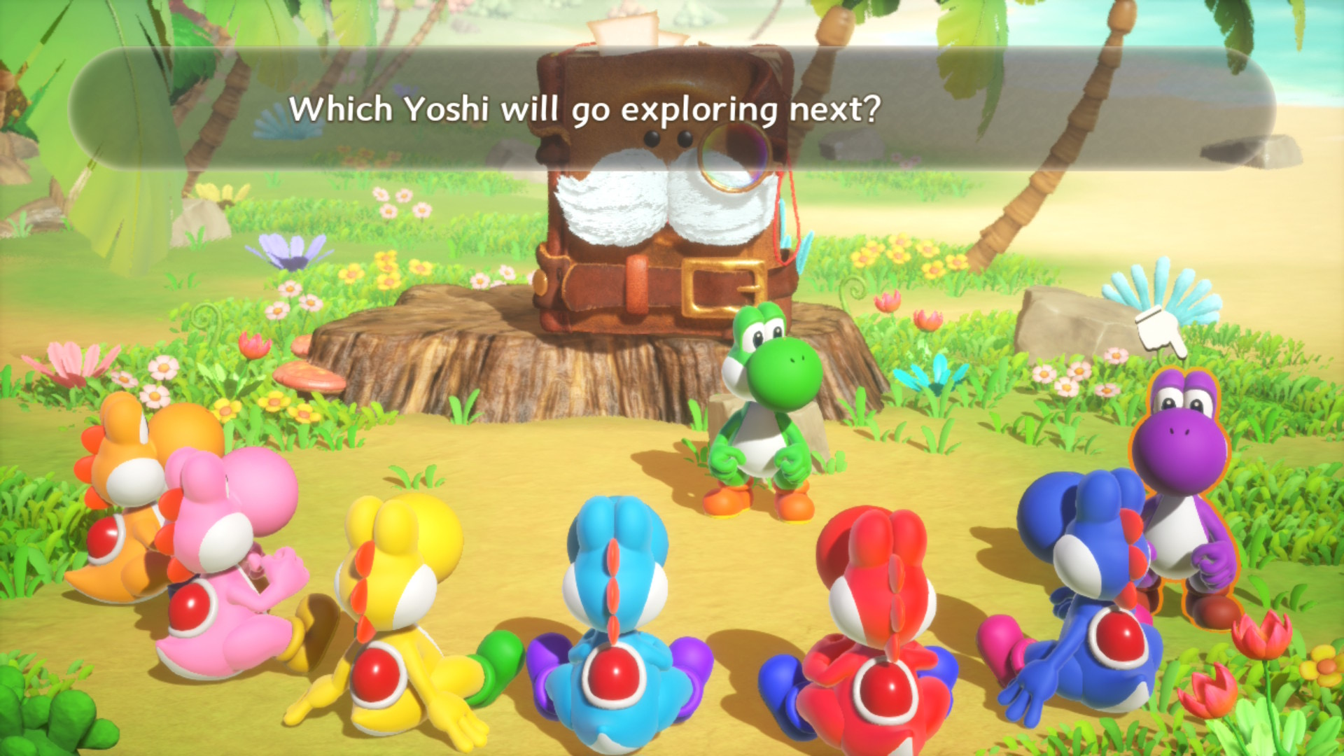 In Yoshi and the Mysterious Book, a prompt asks "which Yoshi will go exploring next", with a cursor that allows you to select from Yoshis in different colors