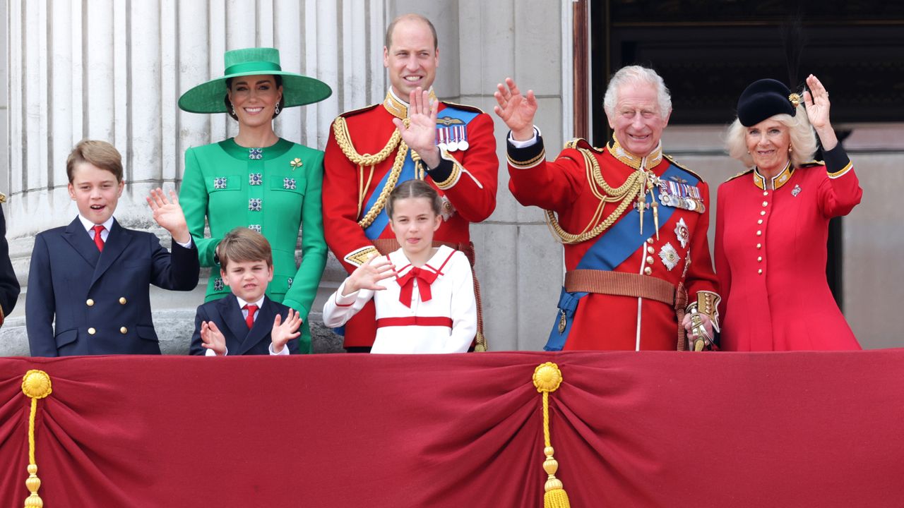 King Charles III and Queen Camilla wave alongside Prince William, Prince of Wales, Prince Louis of Wales, Catherine, Princess of Wales and Prince George of Wales on the Buckingham Palace balcony during Trooping the Colour on June 17, 2023